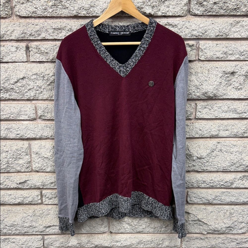 Frankie Morello V-Neck Sweater - Maroon and Gray